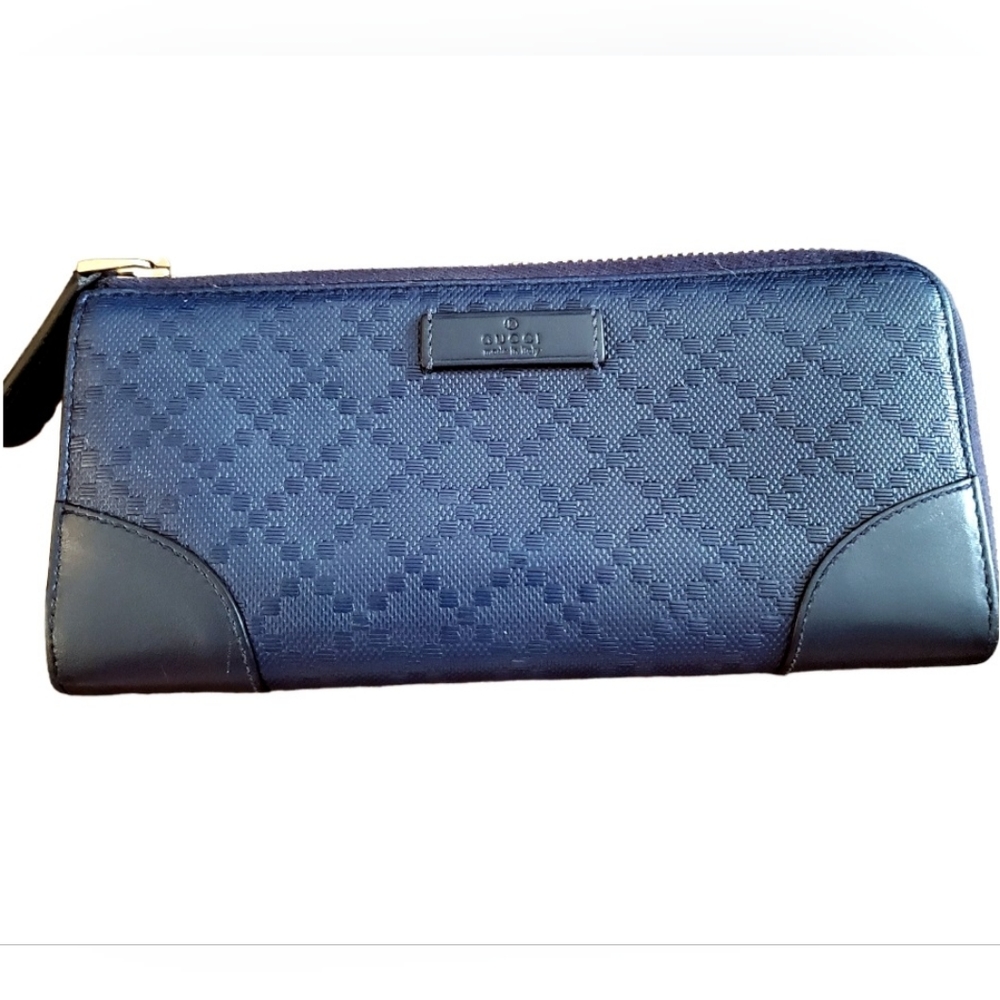 Gucci Hilary Bright Diamante Leather Zip around wallet Navy NWOT